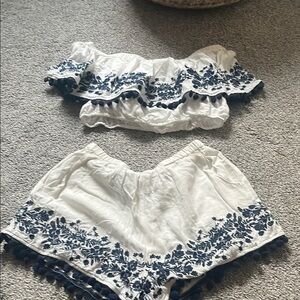 Show Me Your MuMu White and Blue Jumpsuit with Floral Print